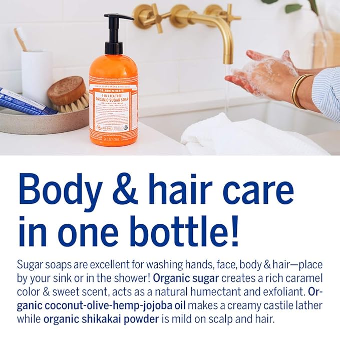 Dr. Bronner's - Organic Sugar Soap (Tea Tree, 64 Ounce) - Made with Organic Oils, Sugar and Shikakai Powder, 4-in-1 Uses: Hands, Body, Face and Hair, Cleanses, Moisturizes and Nourishes, Vegan