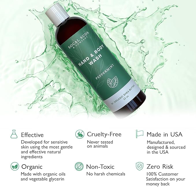 SoCal Suds & Company Hand & Body Wash Organic Shea Butter - Peppermint Scent - Liquid Soap - Daily Body Wash for Men and Women - Moisturizing Ingredients - Gentle Shower Gel - Non-Drying - 12oz
