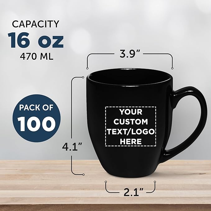 Custom Large Coffee Cups 16 oz. Set of 100, Personalized Bulk Pack - Perfect for Tea, Espresso, Cappuccino, Hot Cocoa - Black