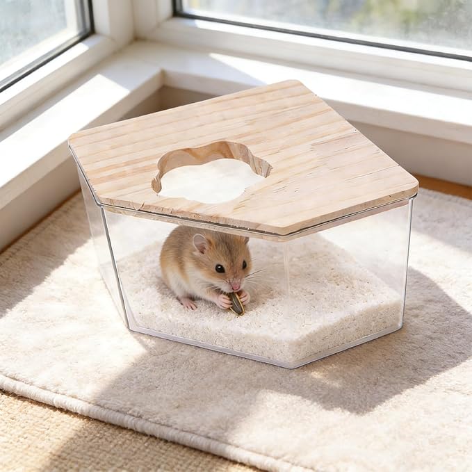 Hamster Sand Bath Box–Transparent Syrian Hamster Shower Bathtub with Comb for Small Pets, Acrylic Micro Sand Bath Box with Lid, Ideal Hamster Dig Box - Pentagon