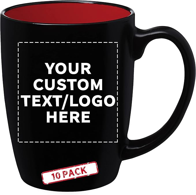 DISCOUNT PROMOS 10 Java Two Tone Coffee Mugs Set, 12 oz. - Customizable Text, Logo - Stoneware, Durable, Easy Grip - BLACKRED
