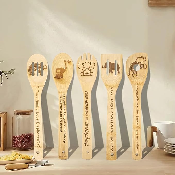 5PCS Elephant Wooden Cooking Spoons Elephant Gifts Elephant Decor Elephant Gifts for Women Elephant Kitchen Decor Premium Quality Housewarming Wedding Cooking Bamboo Cooking Spoons for Everyday Use