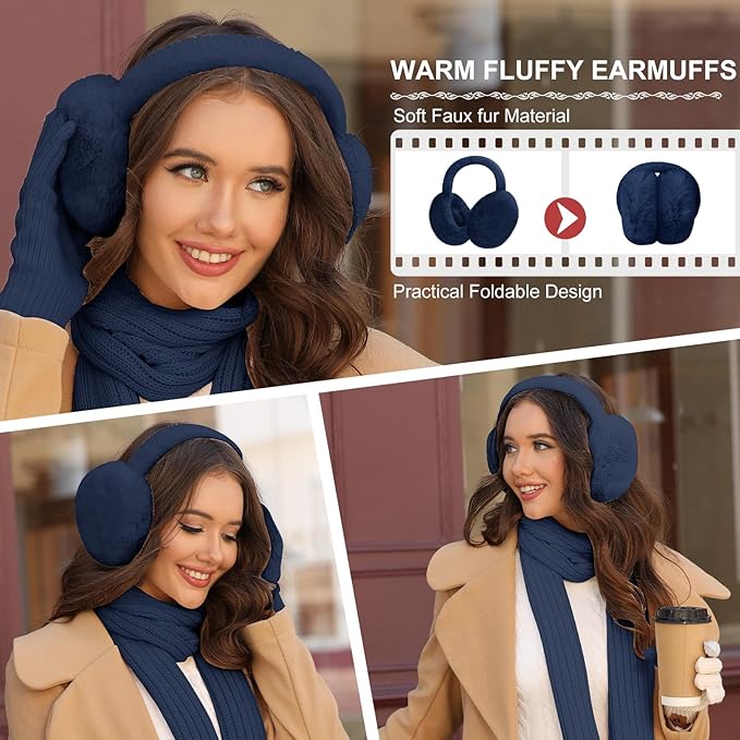 HEEKPEK Winter Beanie Hats Scarf Gloves Ear Muffs Fuzzy Socks 5pcs Set for Women Cold Weather Beanies Touch Screen Gloves