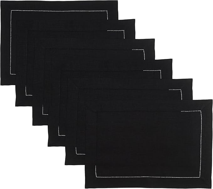 D'Moksha Homes Linen Placemats Set of 6 - Classic Hemstitch Black Placemats 14 x 19 Inch - 100% Pure Linen Table Mats for Fall, Thanksgiving, Holiday - Handcrafted and Machine Washable