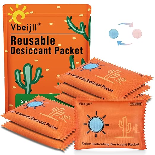 120 Gram (6 Pack) Color-Indicating Desiccant Packs for Storage, Rechargeable Silica Gel Packets, Moisture Absorbers for Gun Safe, 3D Filaments, Cars, Safe, Electronics, Toolboxes