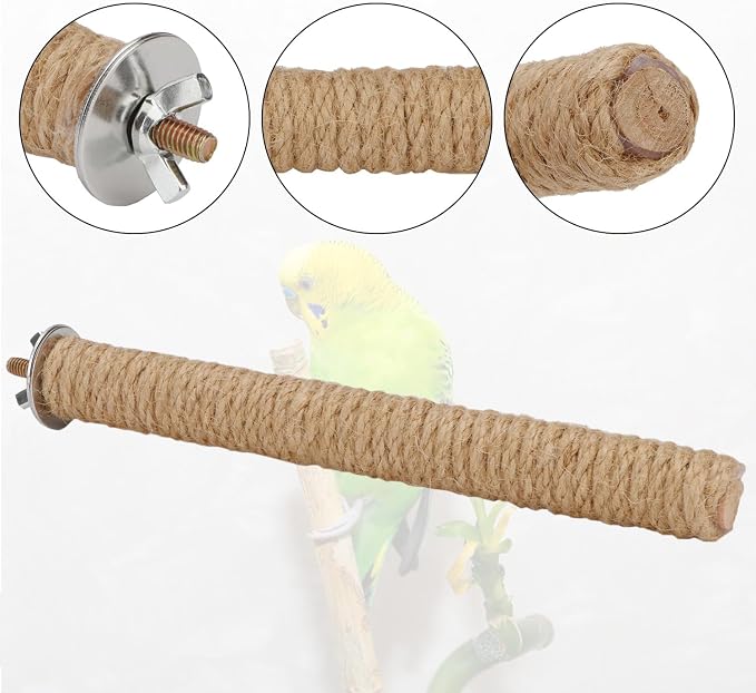 Hypeety Bird Perch Stand Natural Wood Parrot Hemp Rope Perch, 9.84''/25cm | Natural wood chewable stand, birdcage accessories toy, for macaws/cockatoos/african greys/budgies/parakeets/cockatiels, 2pcs