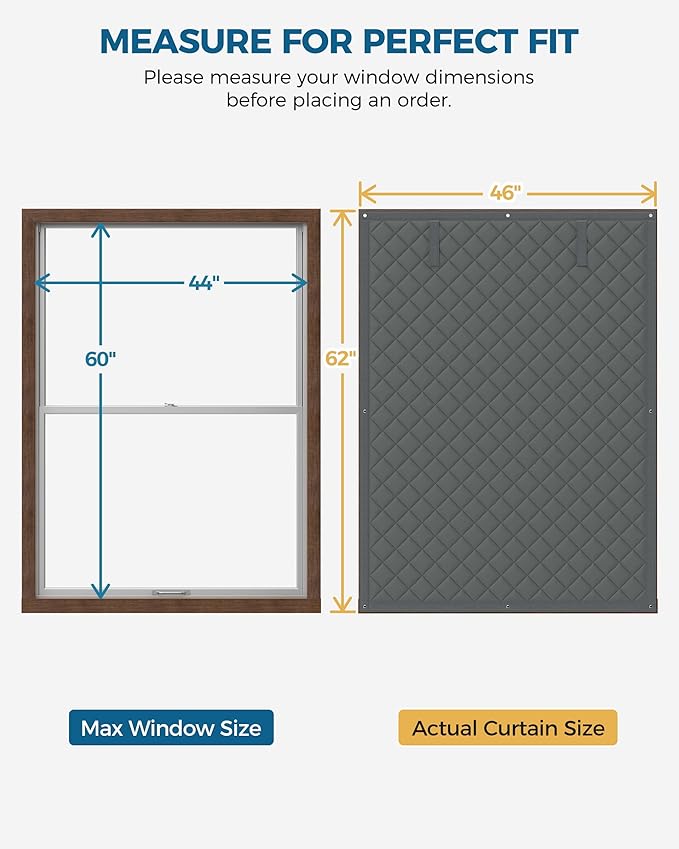 Window Insulation for Winter, 2 Pack Curtain Size 46" x 62", Thermal Insulated Window Cover of Oxford Cloth Thicken Cotton Fiber for 44"× 60" Window, Grey