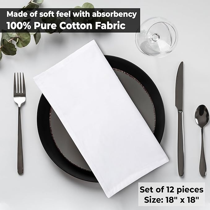 Urban Villa White Cloth Napkins Set of 12 100% Cotton Dinner Napkins Cloths Washable 18”x18” Absorbent Soft Durable Reusable-Ideal for Everyday Use Parties Wedding Thanks Giving Christmas Halloween