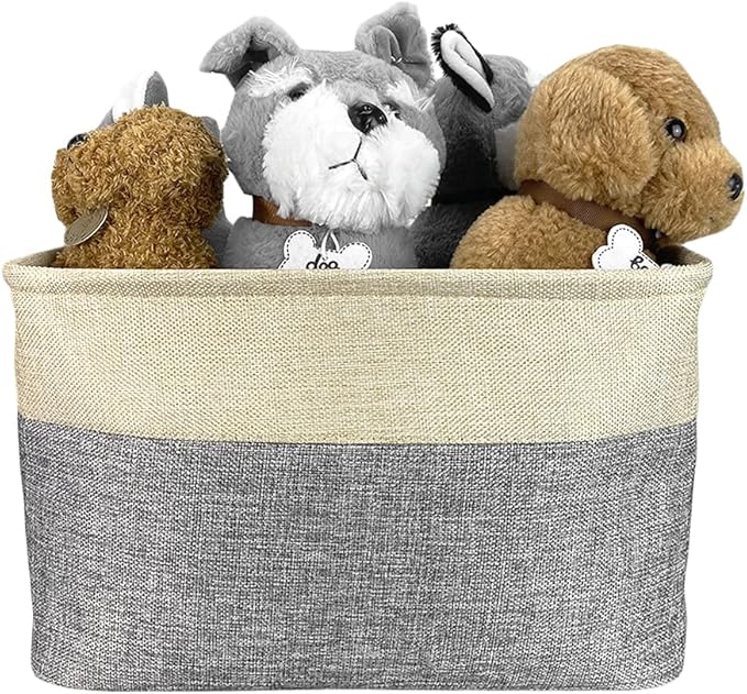 Custom Dog Cat Toy Storage Basket with Pet's Name Sturdy Foldable Collapsible Storage Bin Box with Handles for Organizing Pet Stuffs, Toys, Clothes,( Grey and White), 15" x 9.8" x 9"