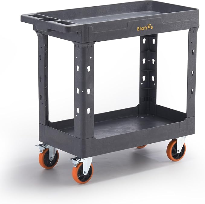 ELAFROS Heavy Duty Rolling Cart 34 x 17 Inch – 2 Tier Plastic Utility Cart, Service Cart with Deep Tub Shelves, Swivel Casters, 550 lbs, Gray