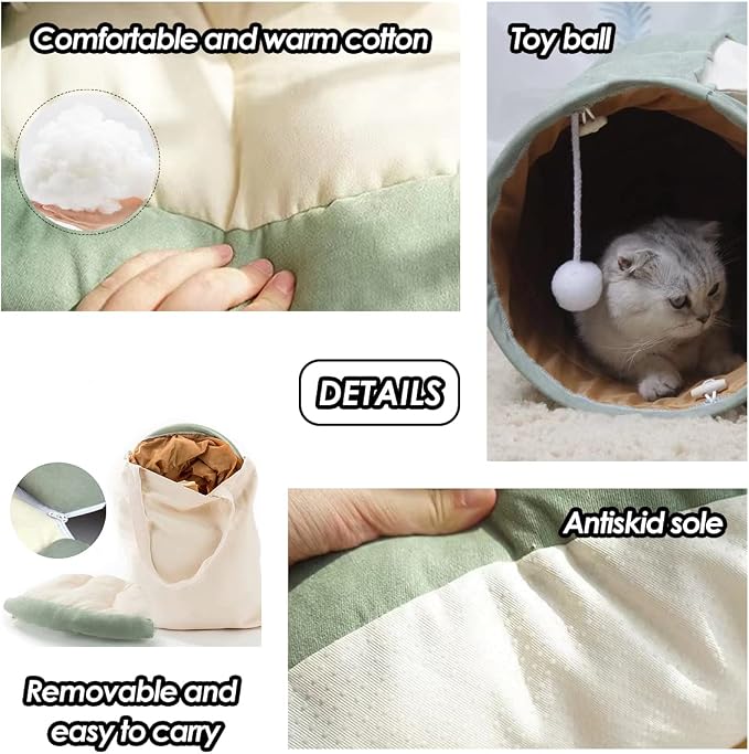 EAEDMY Cat Rabbit Tunnel Bed Nest for Cats Indoor, with Collapsible Washable Soft Cushion, Plush Ball and Exercise Wheel Tube, Fit for Puppy Bunny Kitty Kitten Ferret
