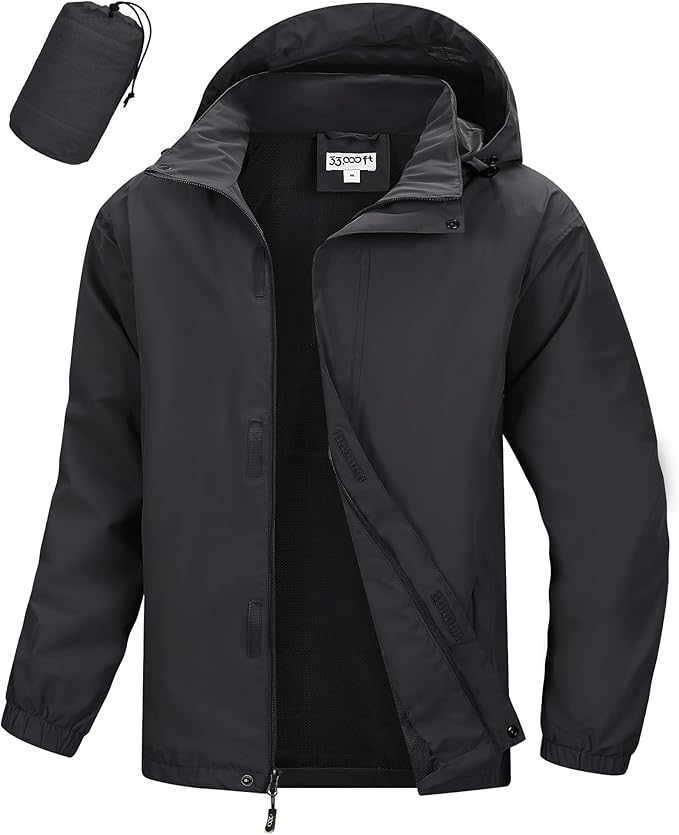 33,000ft Men's Packable Rain Jacket Waterproof Lightweight Raincoat Rain Shell with Hood for Outdoor Hiking Golf Travel