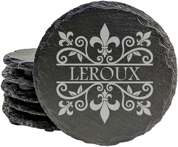 A Touch of Class: Personalized Fleur de Lis Coasters with Monogram - Round Slate - Set of 4