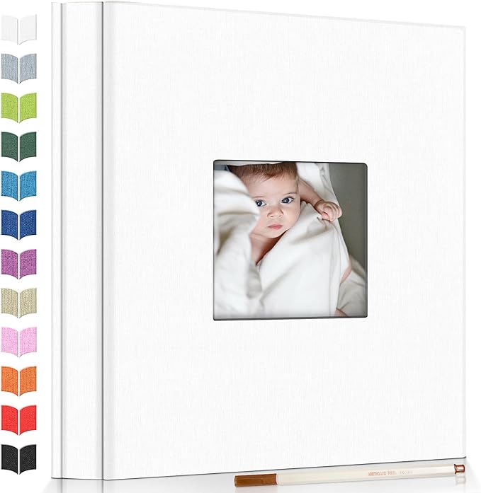 Photo Album Self Adhesive Scrapbook Album for 3x5 4x6 5x7 8x10 Pictures,60 Pages Linen Cover with Display Window DIY Photo Book,Ideal Gifts for Family Travel Wedding Baby