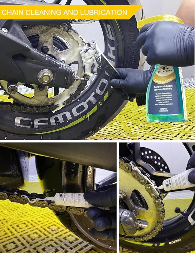 Motorcycle Dirtbike Wash Kit - Premium Cleaning and Detailing Set for Mudguard, Rims and Paint. Includes Motorcycle Cleaner (19 oz),Chain Clean (10 oz) Dry Lubricant (30ML)