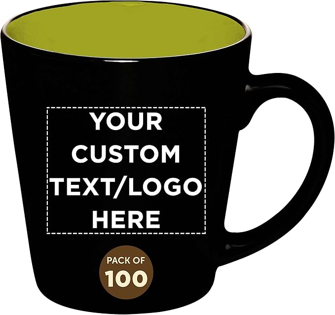 Custom Ceramic Coffee Latte Mugs 12 oz. Set of 100, Personalized Bulk Pack - Perfect for Coffee, Tea, Espresso, Hot Cocoa, Other Beverages - Lime Green