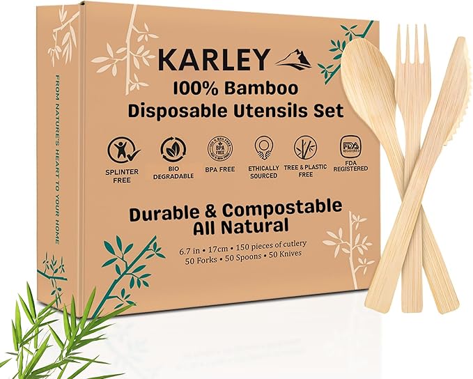 Karley Bamboo Utensils 150Pcs Set – Compostable Cutlery Set for Picnic, Parties – Heavy Duty Disposable Silverware Includes Wooden Spoons for Eating, Forks, Knives – Zero Plastic Disposable Cutlery