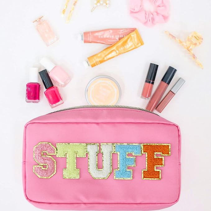DYSHAYEN Nylon Stuff Cosmetic Bag Small Travel Preppy Makeup Pouch Bag for Women Girls with Chenille Letter Patches (Pink-STUFF)