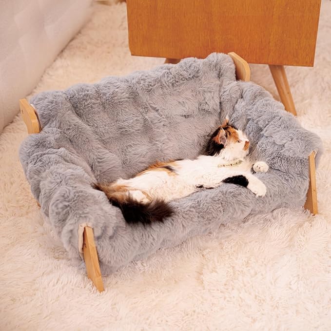 CHEERHOME PETS Elevated Cat Couch Bed Wooden Raised Kitty Sofa Lounge Chair | Washable Fluffy Cover Wooden Elevated Pet Furniture for Indoor Cats and Puppy(Dark Grey)