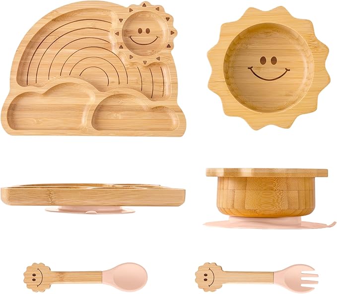 Bamboo Suction Plates Bowls Set for Baby Toddler - Includes Bamboo Bowl, Divided Plate, Silicone Fork & Spoon, All-Natural Baby Feeding Set for Baby-Led Weaning