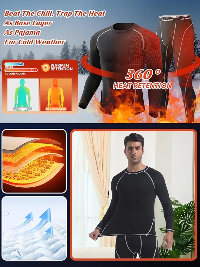CL convallaria Thermal Underwear for Men Long Johns Fleece Lined Hunting Gear Set Base Layer for Cold Weather XS-4XL