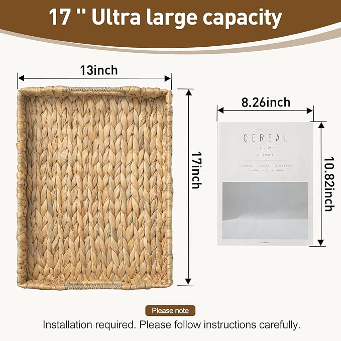 Rectangle Wicker Scalloped Serving Tray with Handles - Seagrass Handwoven Trays,Water Hyacinth Tray for Home Decor and Living Room, Dining Table, Bathroom Organizing, 16.9" L x 12.9" W x 1.96" H
