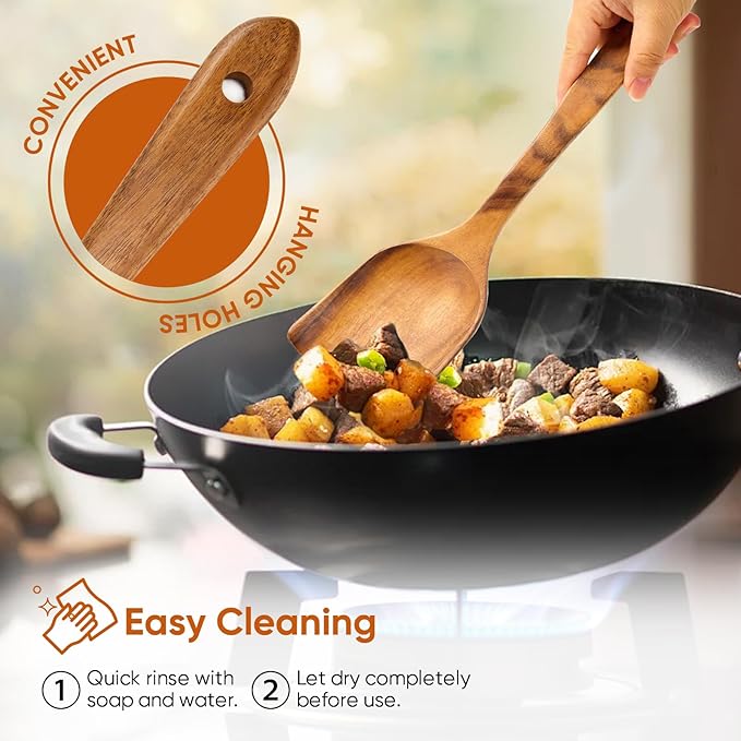 EZuncle 6 Piece Wooden Cooking Spoon Set - Ideal For Non-Stick Pans, Heat Resistant Solid Wood, Smooth Teak Cutlery For a Comfortable grip - Lightweight and Durable - Easy to Clean(6 PCS Large)