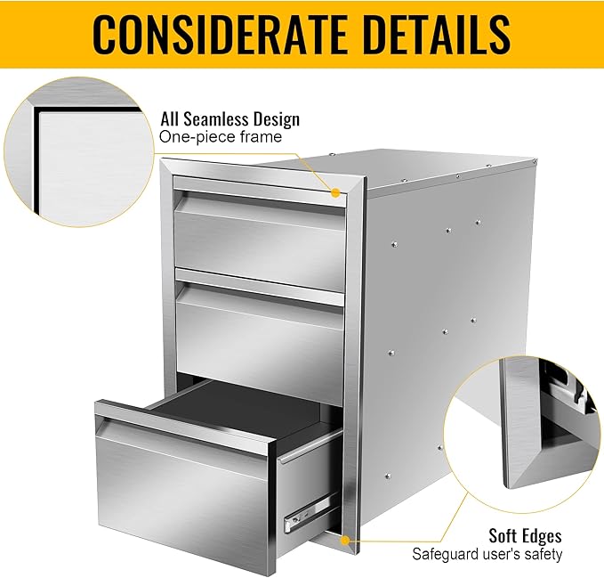 Outdoor Kitchen Drawers Stainless Steel 14W X 21H X 23D Inch, Flush Mount Triple BBQ Island Drawers with Hidden Handle for Outdoor Kitchens, Patio or Grill Station