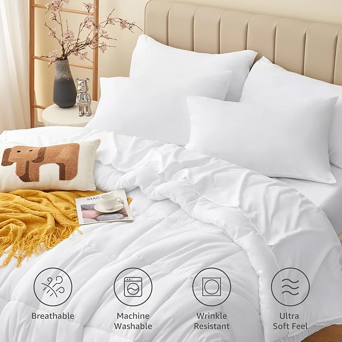 CozyLux King Size Comforter Set White, 7 Pieces Bed in a Bag, White Comforter King Size, All Season Bedding Sets with Stitch Quilted Comforter, Flat Sheet, Fitted Sheet, Pillowcases