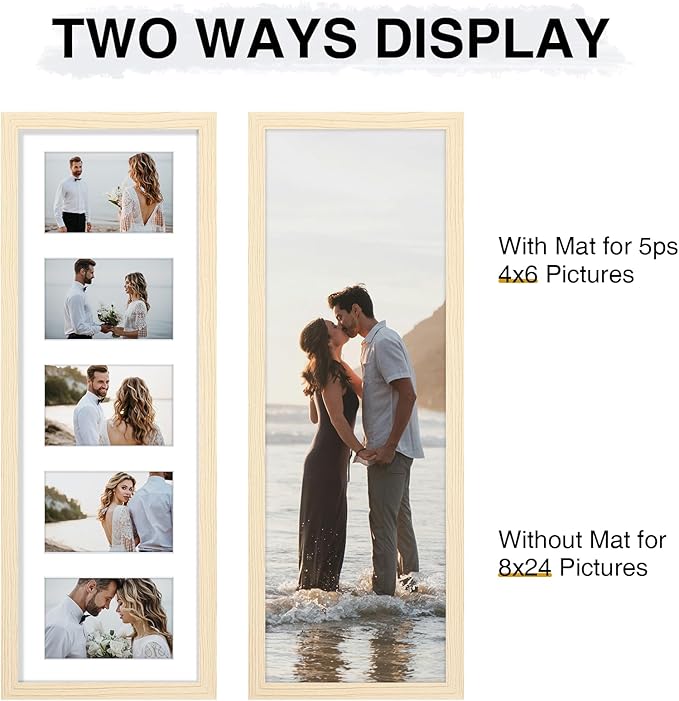 Vittanly 8x24 Collage Picture Frame, Displays 5Pcs 4x6 Pictures with Mat or 1Pcs 8x24 without Mat, Picture Frames Collage Wall Decor for Horizontal or Vertical Display, Nature Wood, 1 Pack