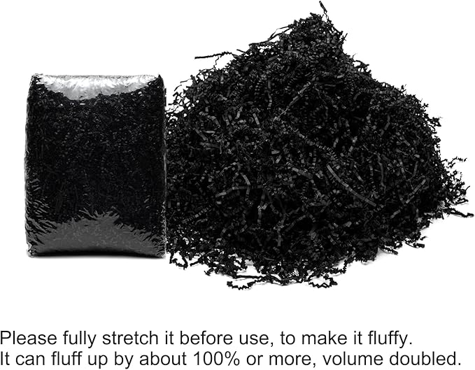 Mefleet 1/2 LB Crinkle Cut Paper Shred Filler 8 oz Black Crinkle Shredded Paper for Gift Box - Gift Basket Bag Filler - Grass Cushion Stuffing for Easter, Mother's day, Birthday Packaging Wrapping