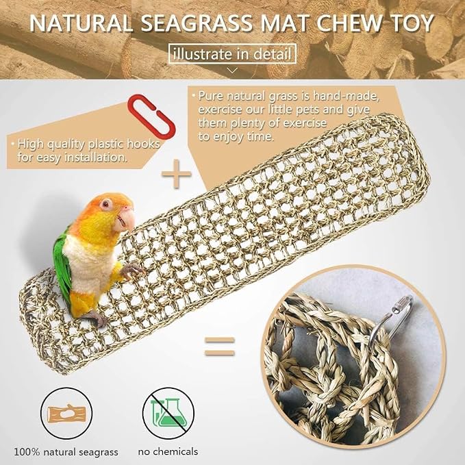 Bird Seagrass Mat 30 x 7 Inch Parrot Natural Seagrass Woven Net Hammock Parakeet Climbing Rope Ladder Mat Chew Toys Cage Accessories for Pigeon Macaw Cockatiel Conure Cockatoo Rat Bearded Dragon