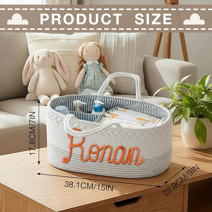 ubmpj Personalized Diaper Caddy Organizer - Custom Name Nursery Basket - Cotton Rope Storage for Baby Essentials - Baby Shower Basket for Boys & Girls