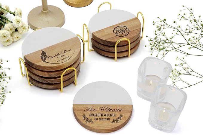 Personalized Coasters for Couples, Wedding, Housewarming Gifts for Home Decorataions, Custom Coaster for Newlyweds, Anniversary, Christmas, Engagements, Valentines Day, Two-Tone Marble and Wood