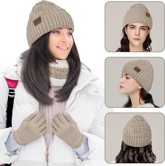 Loritta 3-Pieces Winter Hat Neck Warmer Touchscreen Gloves Set Knit Thick Scarf Beanie Hats Scarves Set Gifts for Women
