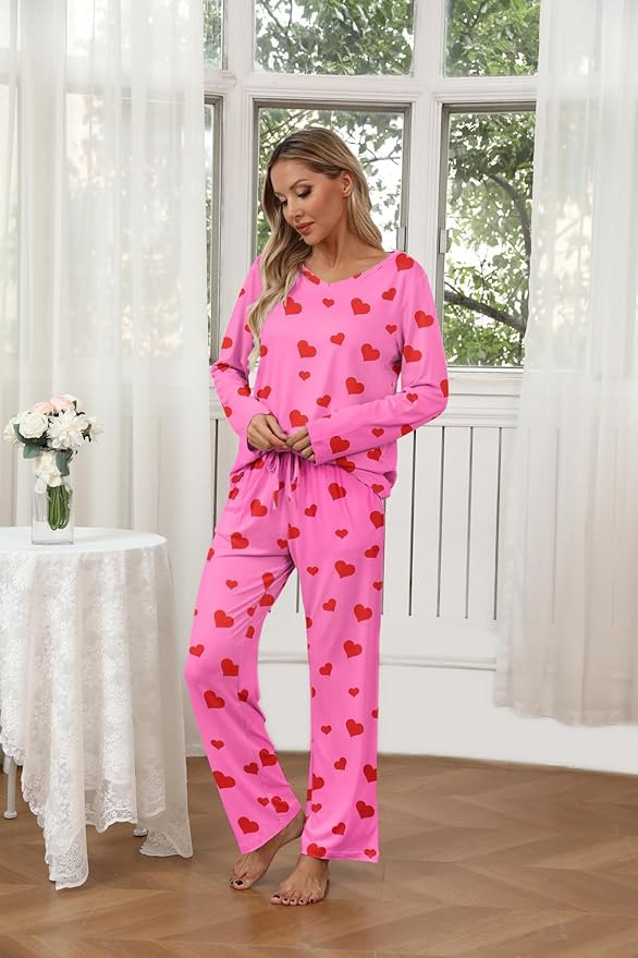 Ekouaer Womens 2 Pack Pajama Set Long Sleeve Pajamas Top and Pants V Neck Pjs Set Soft Loungewear with Pockets