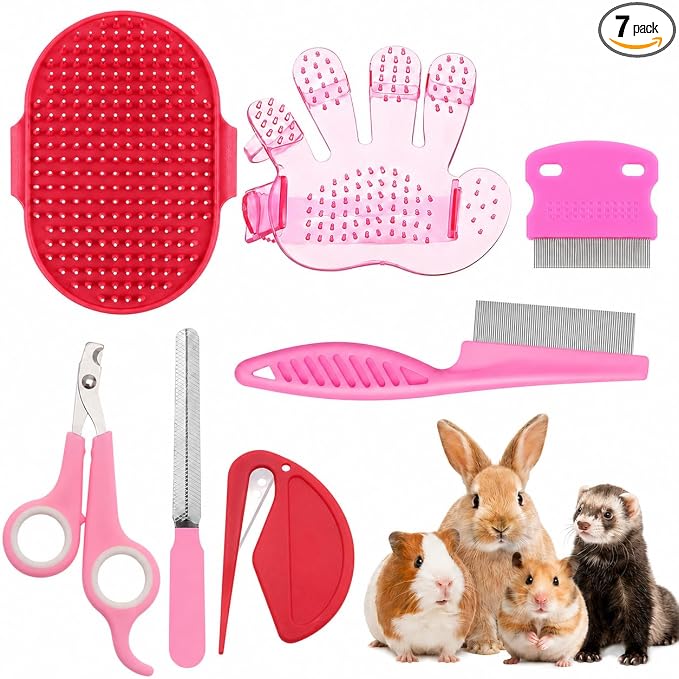 Rabbit Grooming Kit, 7-Piece Bunny Brush and Nail Care, Pink | 7 tools for loose fur, combing, light tangles and nail care; for rabbits, guinea pigs, hamsters and ferrets