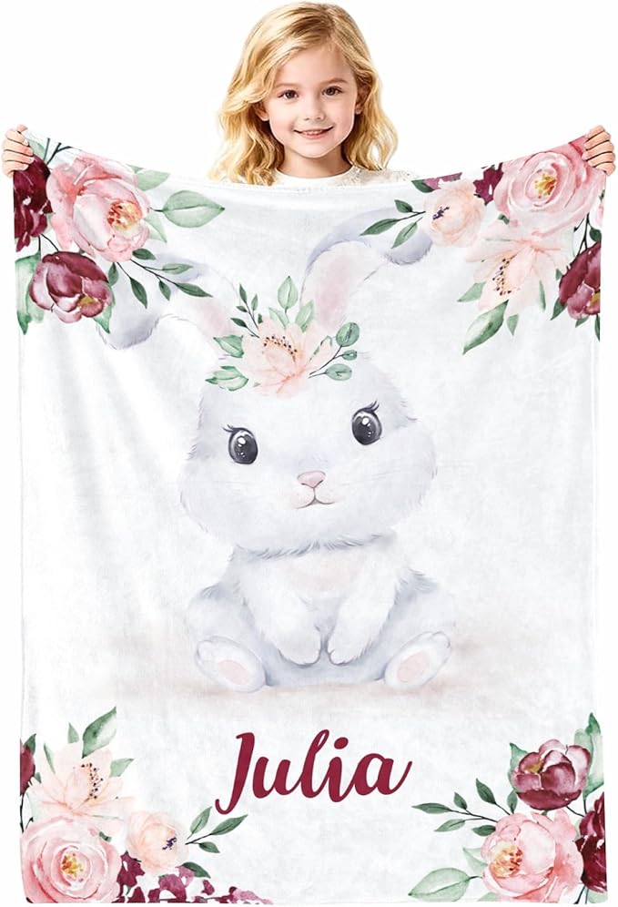 Lovely Bunny Baby Girl Blankets with Name, Personalized Baby Blankets for Girls Newborn and Toddler, Customized Baby Blankets Super Soft Breathable Fleece “30x40