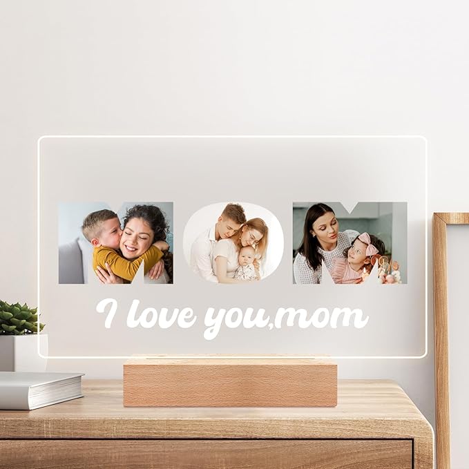 Custom MOM Picture Frame with Photos, Personalized Photo Frame with Night Light, Personalized Mothers Day Gifts for Mom, Personalized Mom Birthday Gifts from Daughter & Son