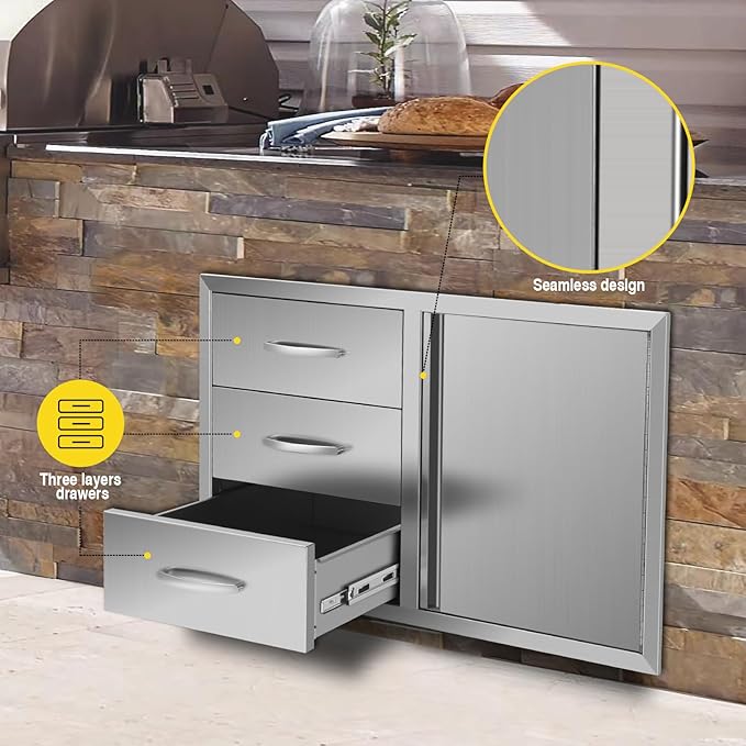 Outdoor Kitchen Drawers Stainless Steel 38.3W X 22.7H X 20.7D Inch, Flush Mount Triple BBQ Island Drawers with Handle for Outdoor Kitchens, Patio or Grill Station