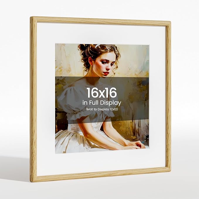 16x16 Picture Frame Natural Oak Wood From California-USA with Real Tempered Glass, Handcrafted 16x16 Photo Frame Matted to 12x12 Wedding Photo,Family Picture,Graduation Picture Display on Table & Wall