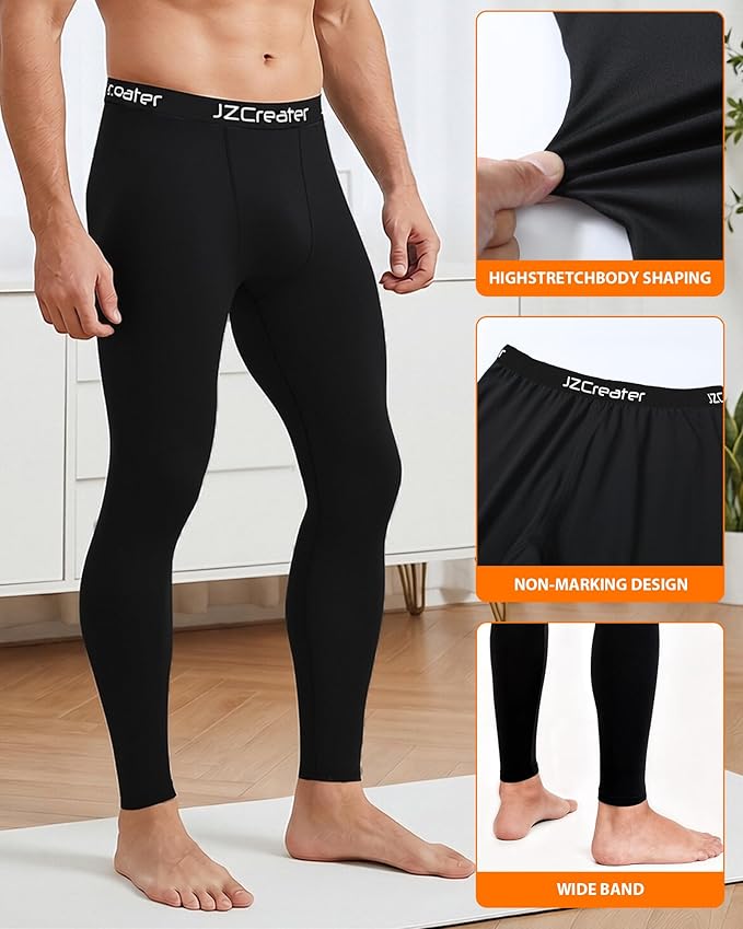 1 or 3 Pack Mens Long Johns Thermal Pants, Fleece Lined Lightweight Base Layer Bottoms, Compression Leggings Winter Gear
