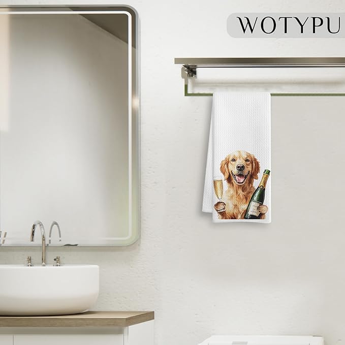Golden Retriever Gifts Kitchen Bar Towels, Dog Lover Gifts Dish Tea Towel, Funny Golden Retriever with Champagne Decorative Hand Towels for Kitchen Bar Cart Decor, 16x24 Inch