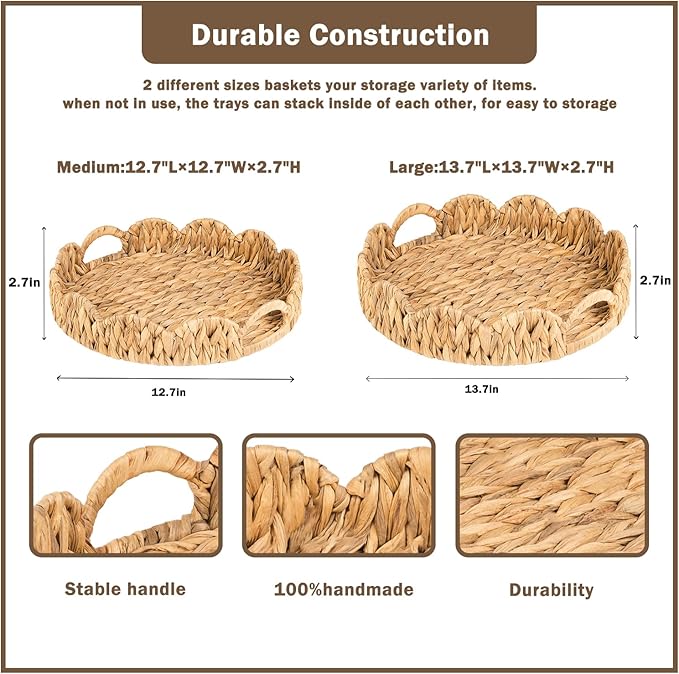 2-Pack Wicker Basket Tray, Round Serving Tray with Handles, Rattan Woven Decorative Tray, Natural Water Hyacinth Scalloped Tray for Home Decor and Desk Organizer