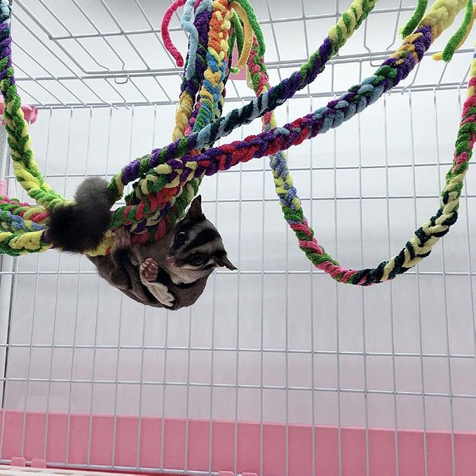 RIOUSSI Handmade Sugar Glider Toys & Cage Accessories, Random Color, 4 Pack | 100% Hand-Crafted Soft Fleece Rope | Small Animal Toys for Rats | For Climbing, Exercise & Jungle Exploration