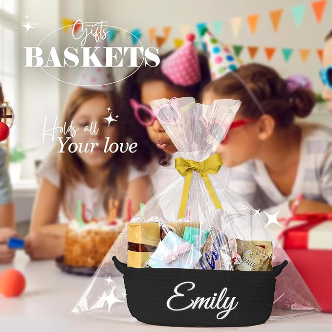 HUTARIO Personalized Woven Christmas Burr Basket Embroidered Name with Gift Bags and Ribbons,Empty Small Rope Basket，Durable Storage Custom Black Basket with Handles for Baby Showers,12"×8"×5"