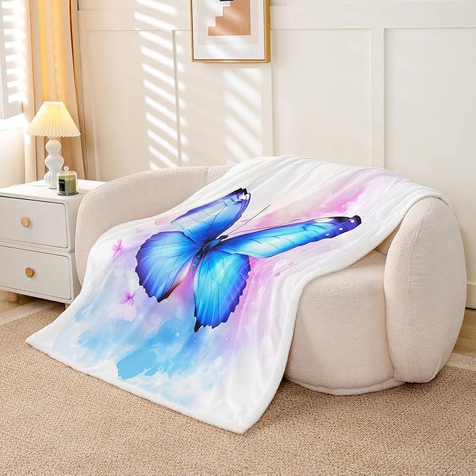 Feelyou Girls Blue Fleece Throw Blanket Throw 50"x60" Kids Watercolor Butterfly Sherpa Blanket Plush Fuzzy for Bed Couch Chair Living Room, Cute Dreamy Garden Bed Blanket Room Decor