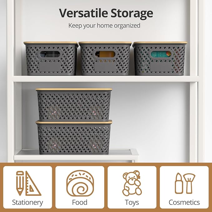 Plastic Storage Bins with Bamboo Lids, Stackable Small Box Baskets for Organizing and Containers for Shelves Drawers Desktop Closet Pantry Classroom Office Home, 6 Pack 10.2x7.2x4.1 Inch, Gray