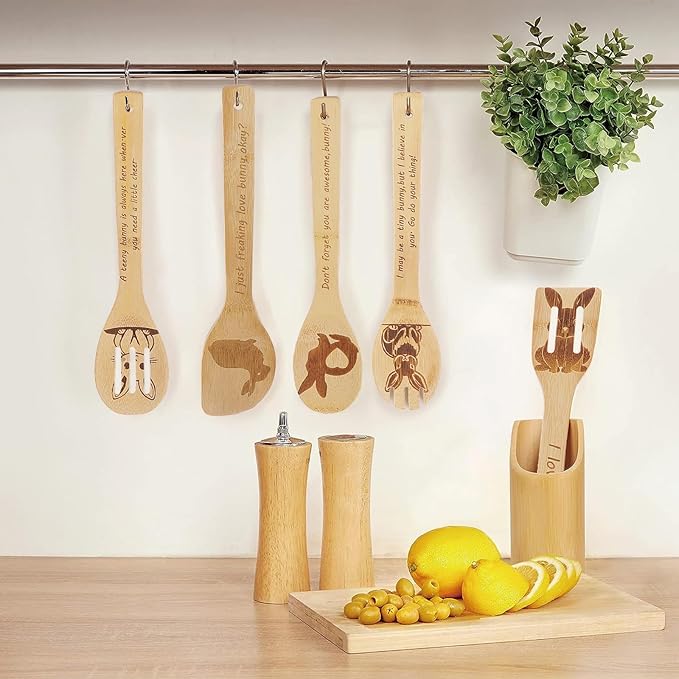 5PCS Rabbit Wooden Cooking Spoons Kitchen Decor Rabbit Gifts for Women Men Rabbit Lovers Birthday Gifts Party Favors Housewarming Wedding Bamboo Cooking Spoons for Everyday Use