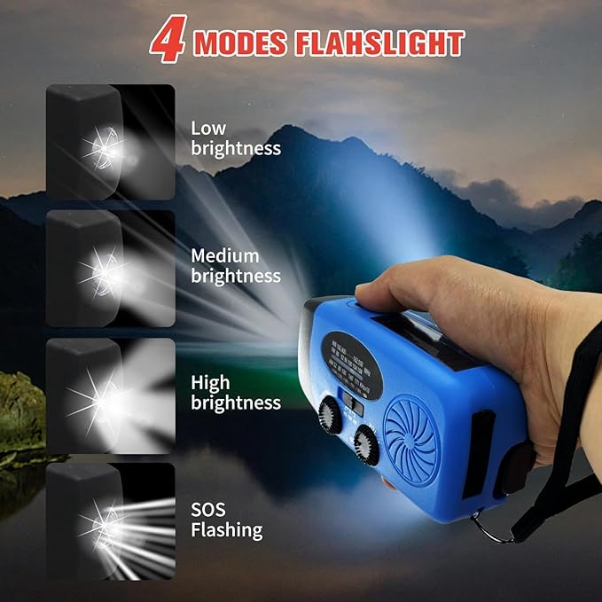 Solar Emergency Hand Crank Weather Radio, Portable Self Powered NOAA AM/FM Radios with SOS Alarm LED Flashlight 5000mAh Smart Phone USB Charger for Camping (Blue)